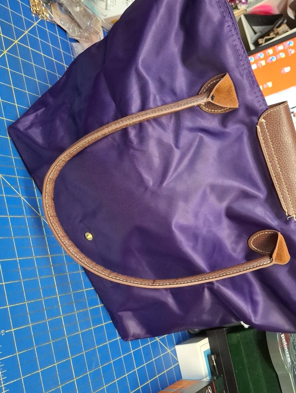 Purple Tote Preloved Brown Leather Trim - Picture 4 of 9